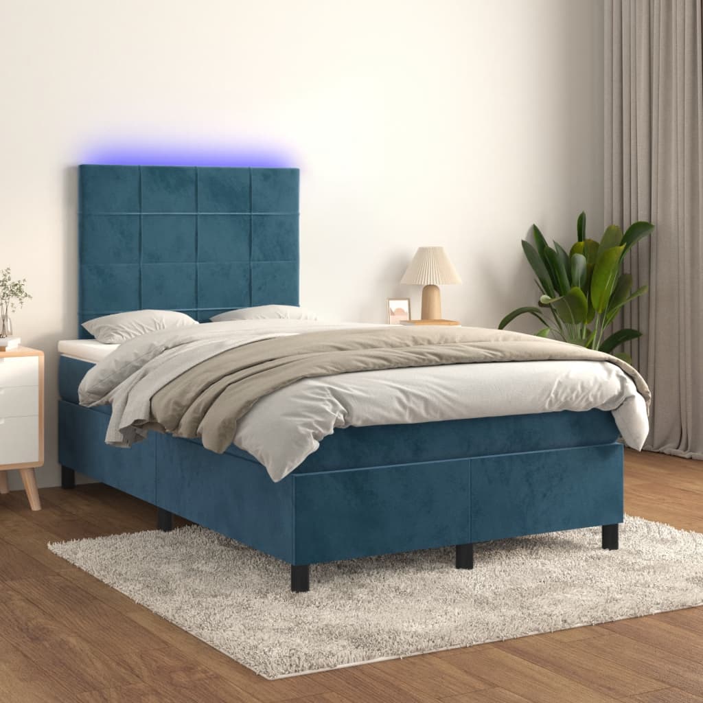 Cama box spring colchão LED 120x190cm couro artif. azul-escuro