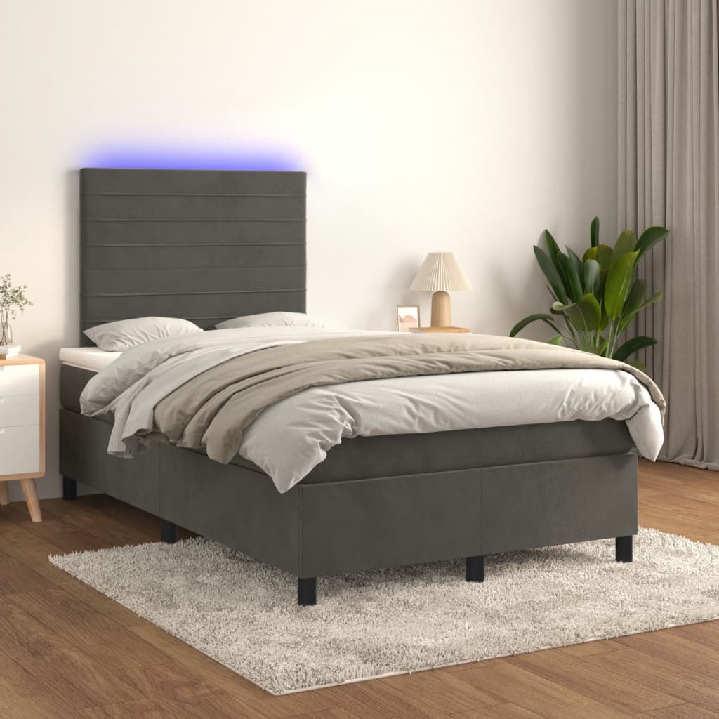 Cama box spring colchão LED 120x190cm couro artif. cinza-escuro