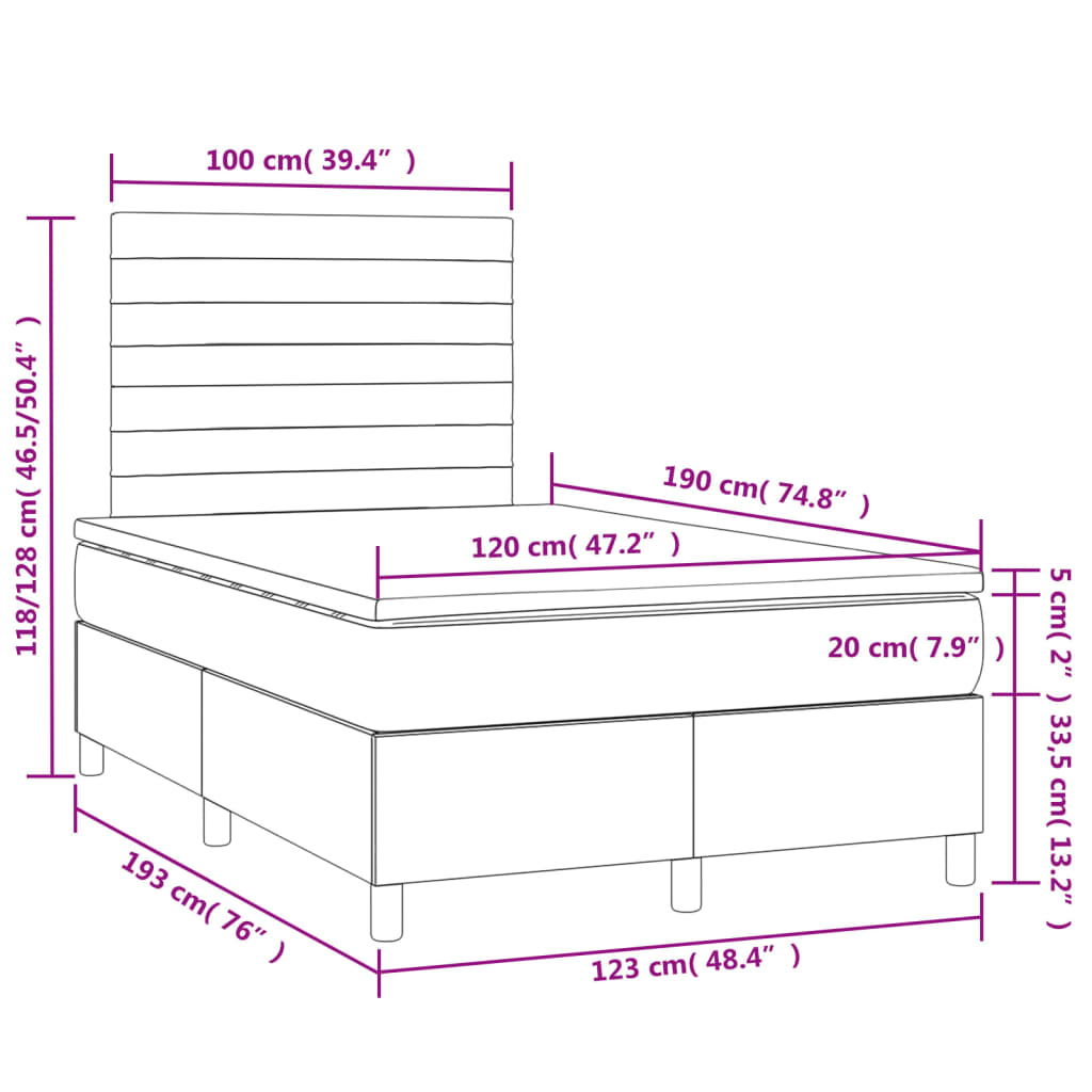 Cama box spring colchão LED 120x190cm couro artif. azul-escuro