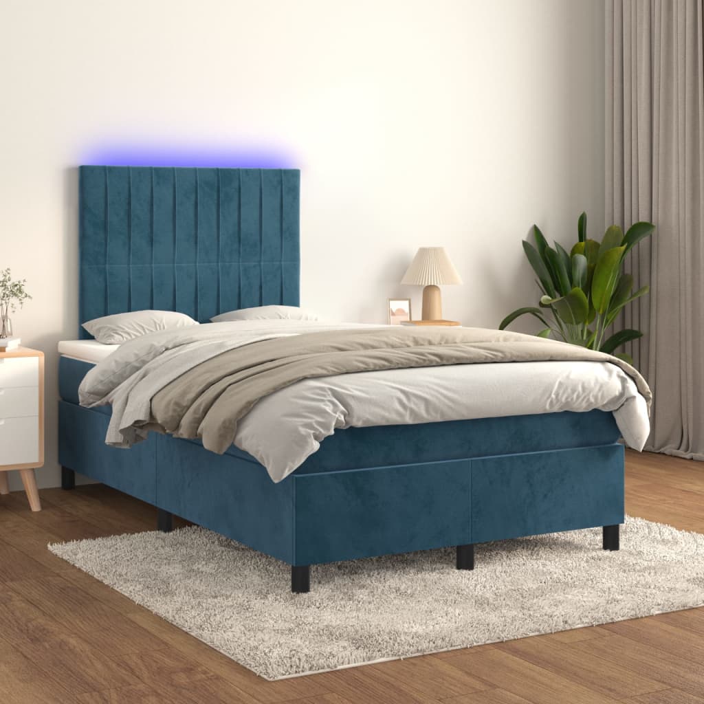 Cama box spring colchão LED 120x190cm couro artif. azul-escuro