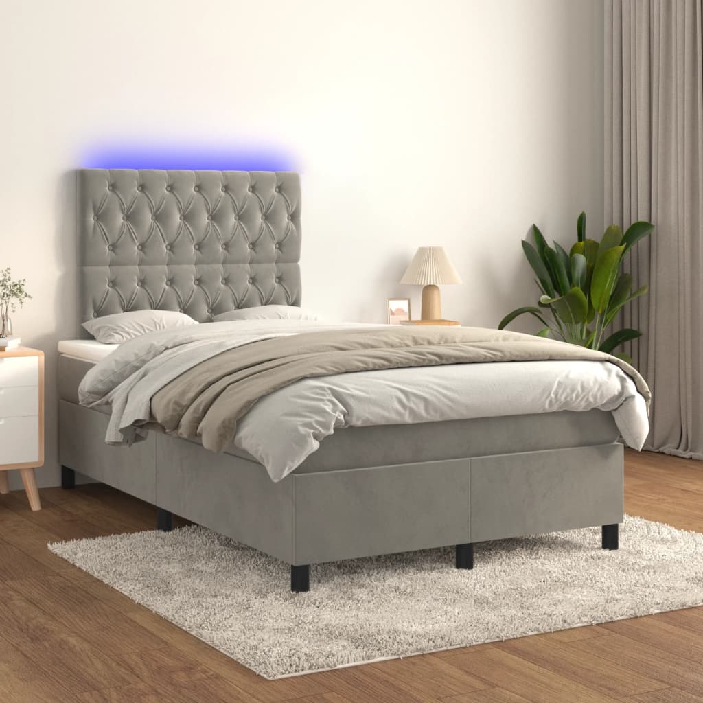 Cama box spring colchão LED 120x190 cm couro artif. cinza-claro