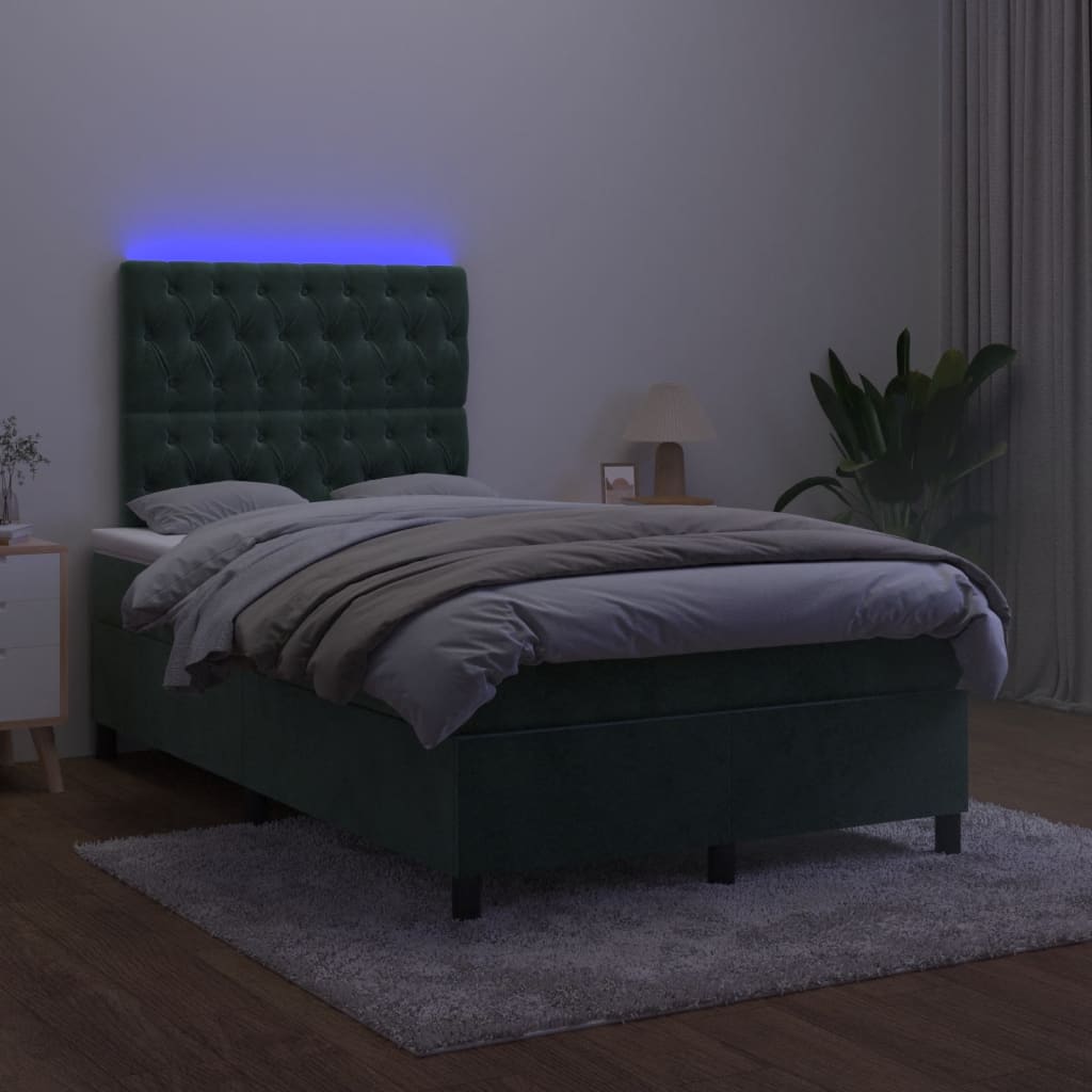 Cama box spring com colchão e luzes LED veludo verde-escuro