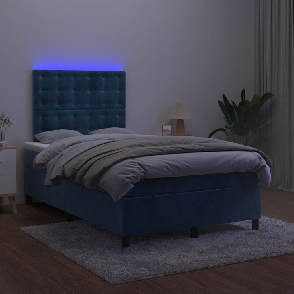 Cama box spring colchão LED 120x190cm couro artif. azul-escuro