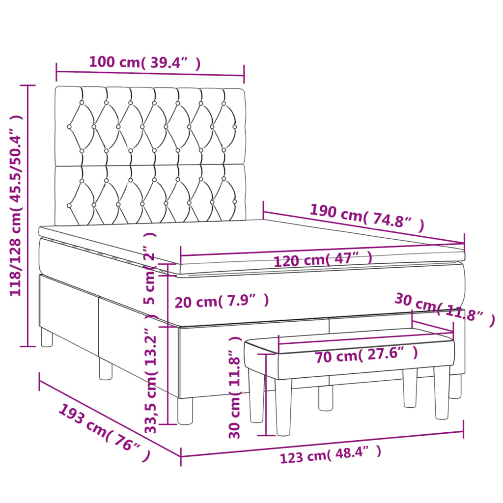 Cama boxspring com colchão 120x190 cm tecido cinzento-claro