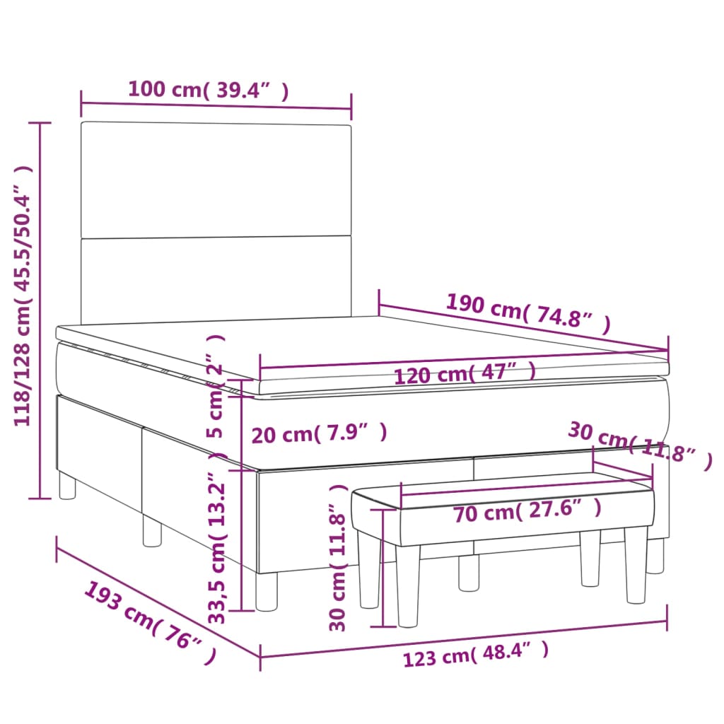 Cama boxspring com colchão 120x190 cm couro artificial cinzento