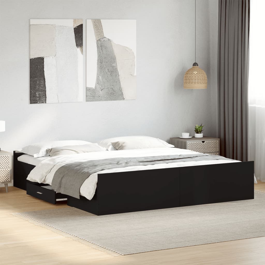 Estrutura de cama c/ gavetas 200x200 cm derivados madeira preto