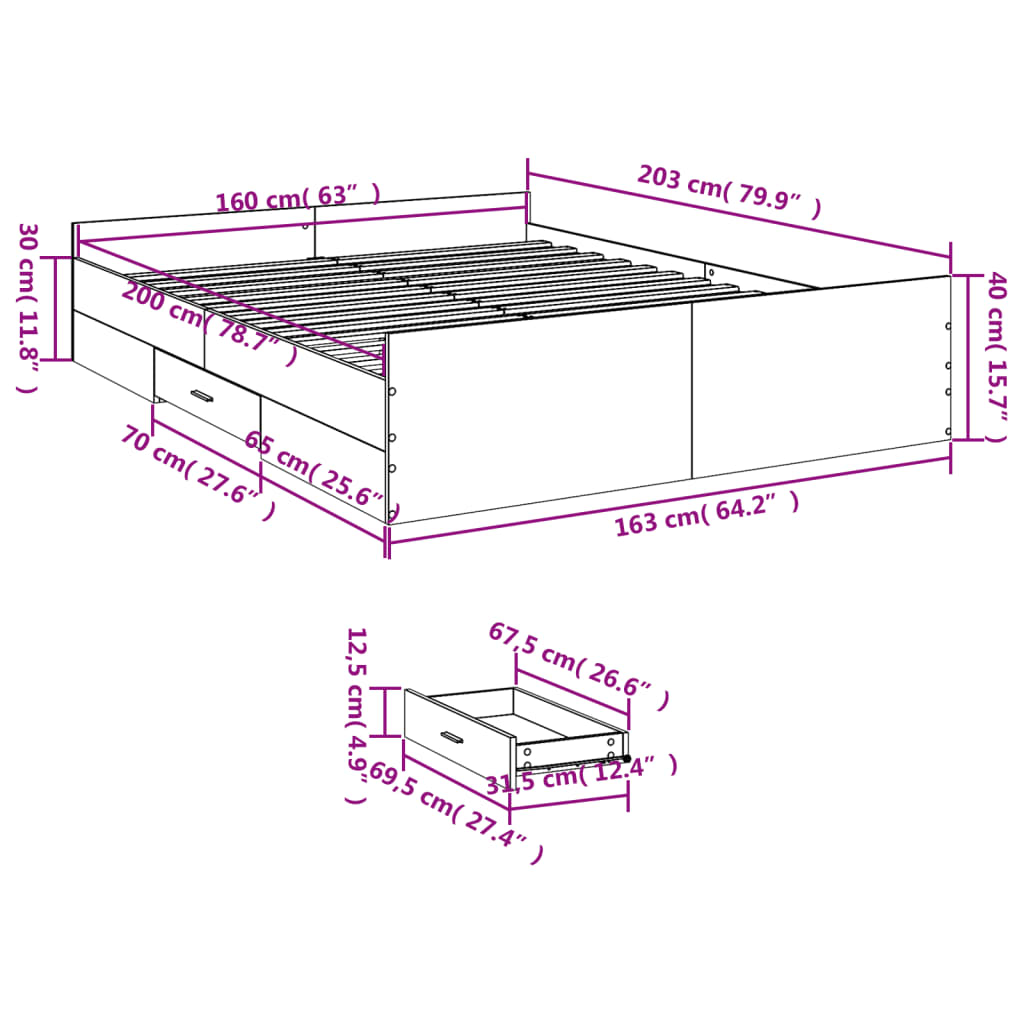 Estrutura de cama c/ gavetas 160x200cm derivados madeira branco