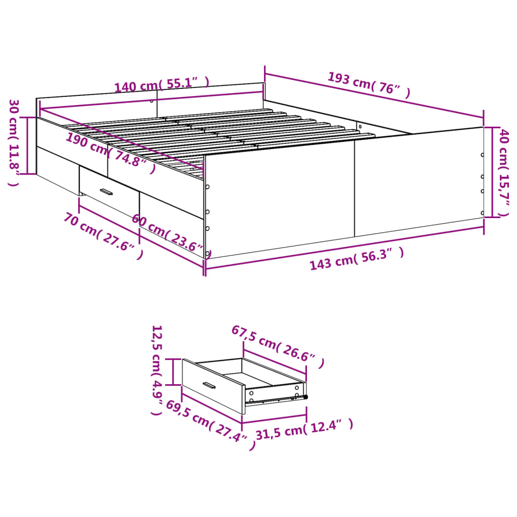 Estrutura de cama c/ gavetas 140x190 cm derivados madeira preto