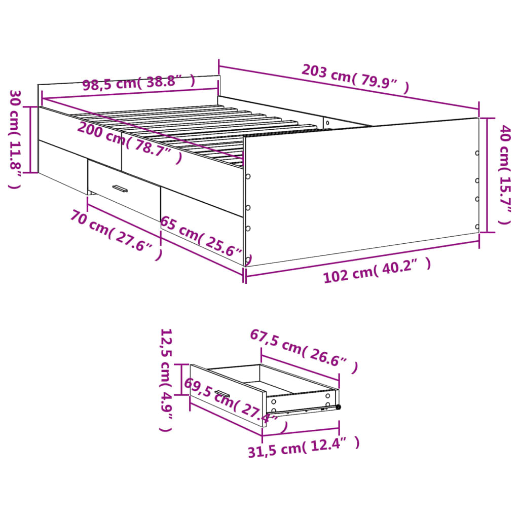 Estrutura de cama c/ gavetas 100x200cm derivados madeira branco