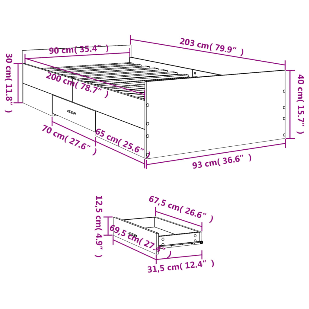 Estrutura de cama c/ gavetas 90x200 cm derivados madeira branco