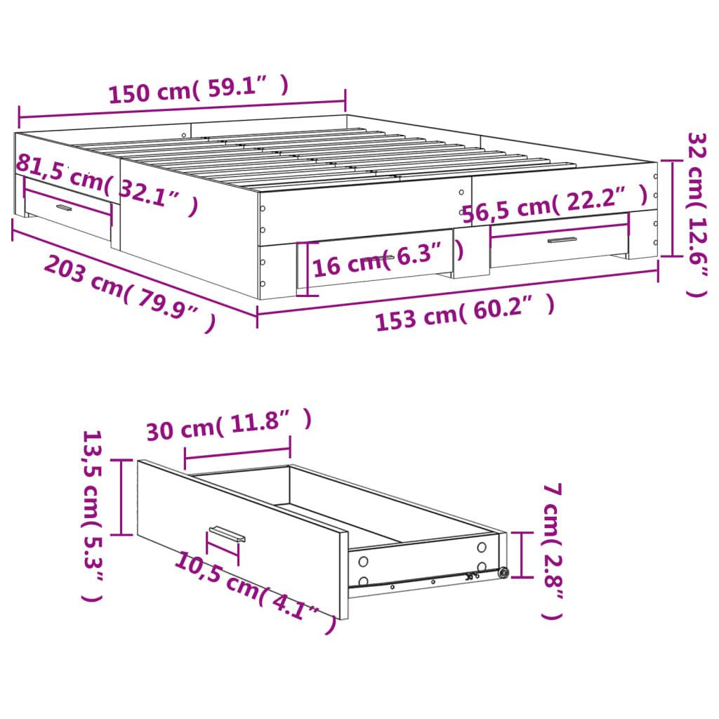 Estrutura de cama c/ gavetas 150x200cm derivados madeira branco