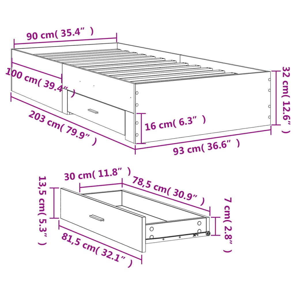 Estrutura de cama c/ gavetas 90x200 cm derivados madeira branco