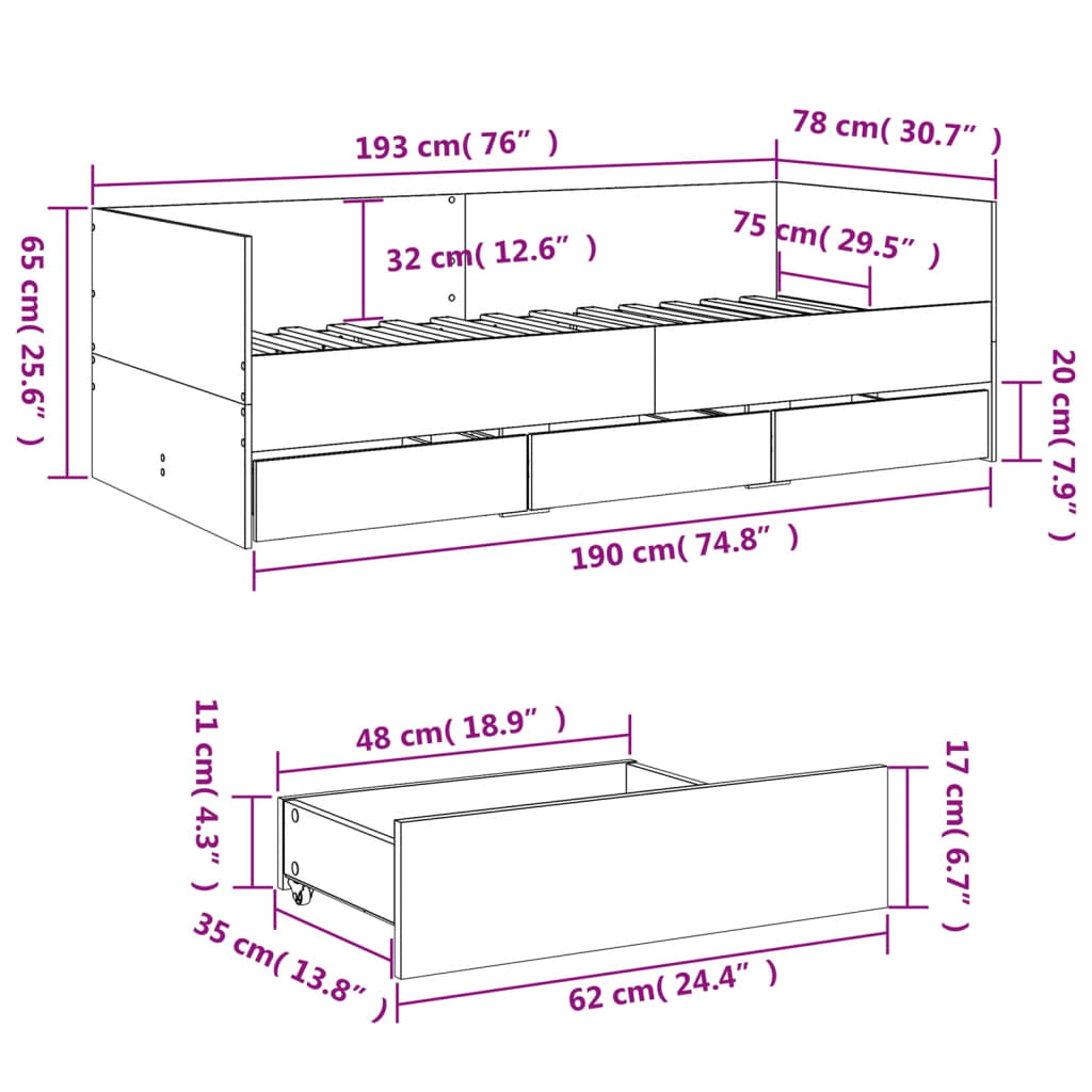 Sofá-cama c/ gavetas 75x190 cm derivados de madeira branco