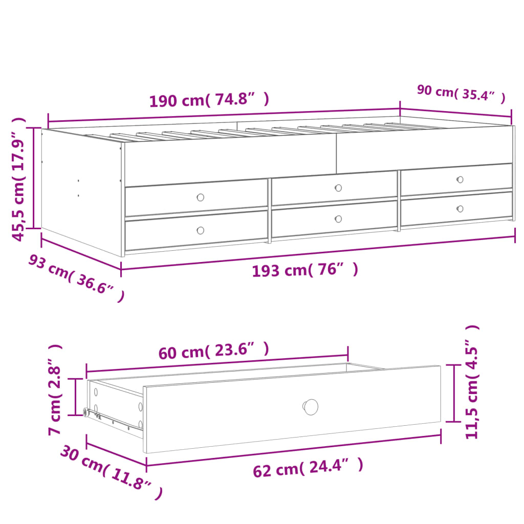 Sofá-cama c/ gavetas 90x190 cm derivados de madeira branco