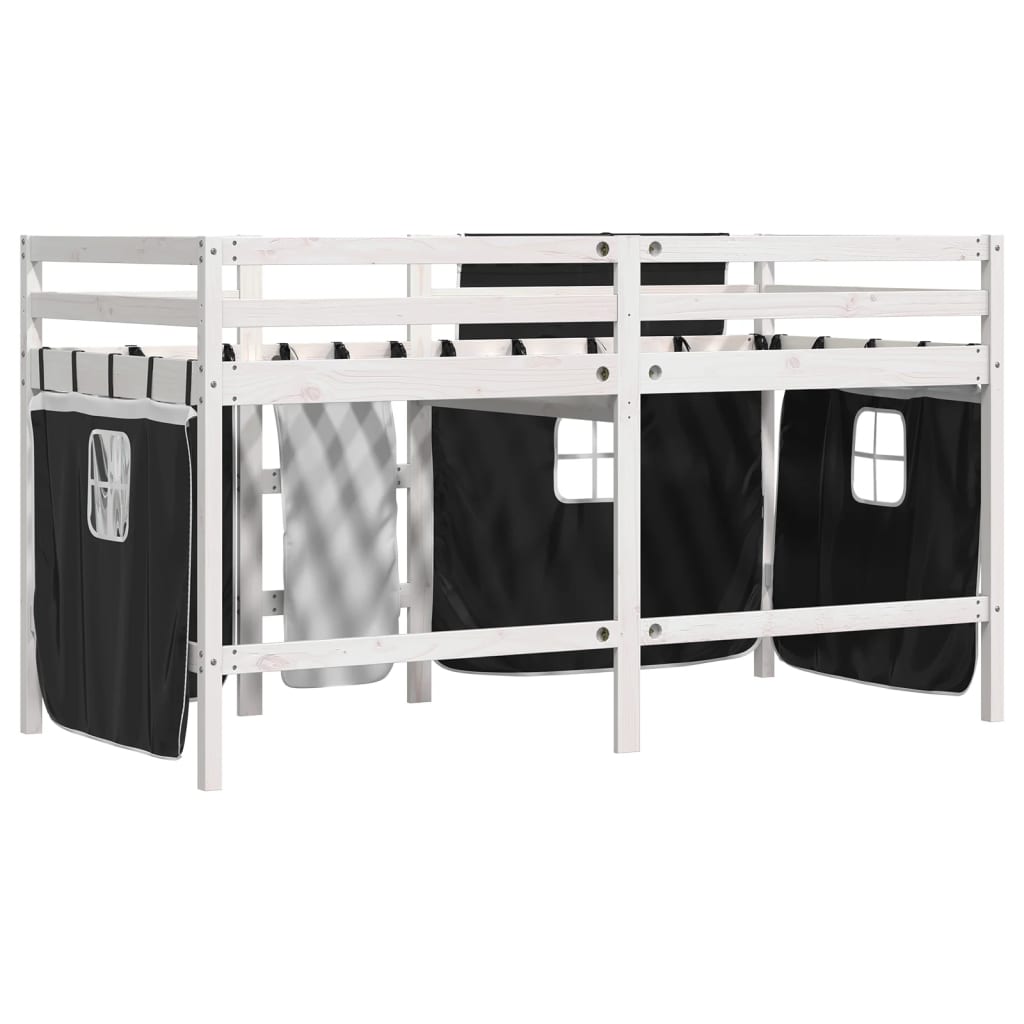 Cama alta criança c/ cortina 90x200cm pinho maciço branco/preto