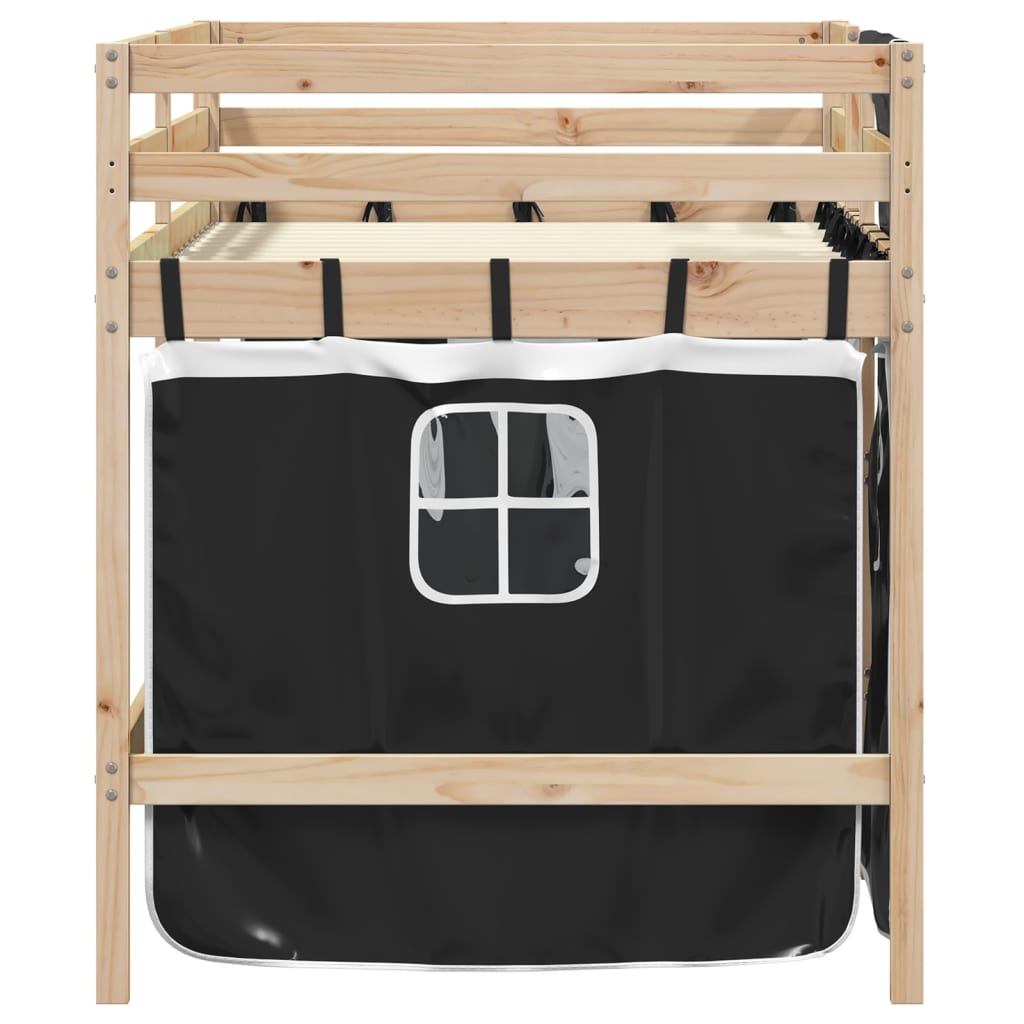 Cama alta criança c/ cortina 90x190cm pinho maciço branco/preto