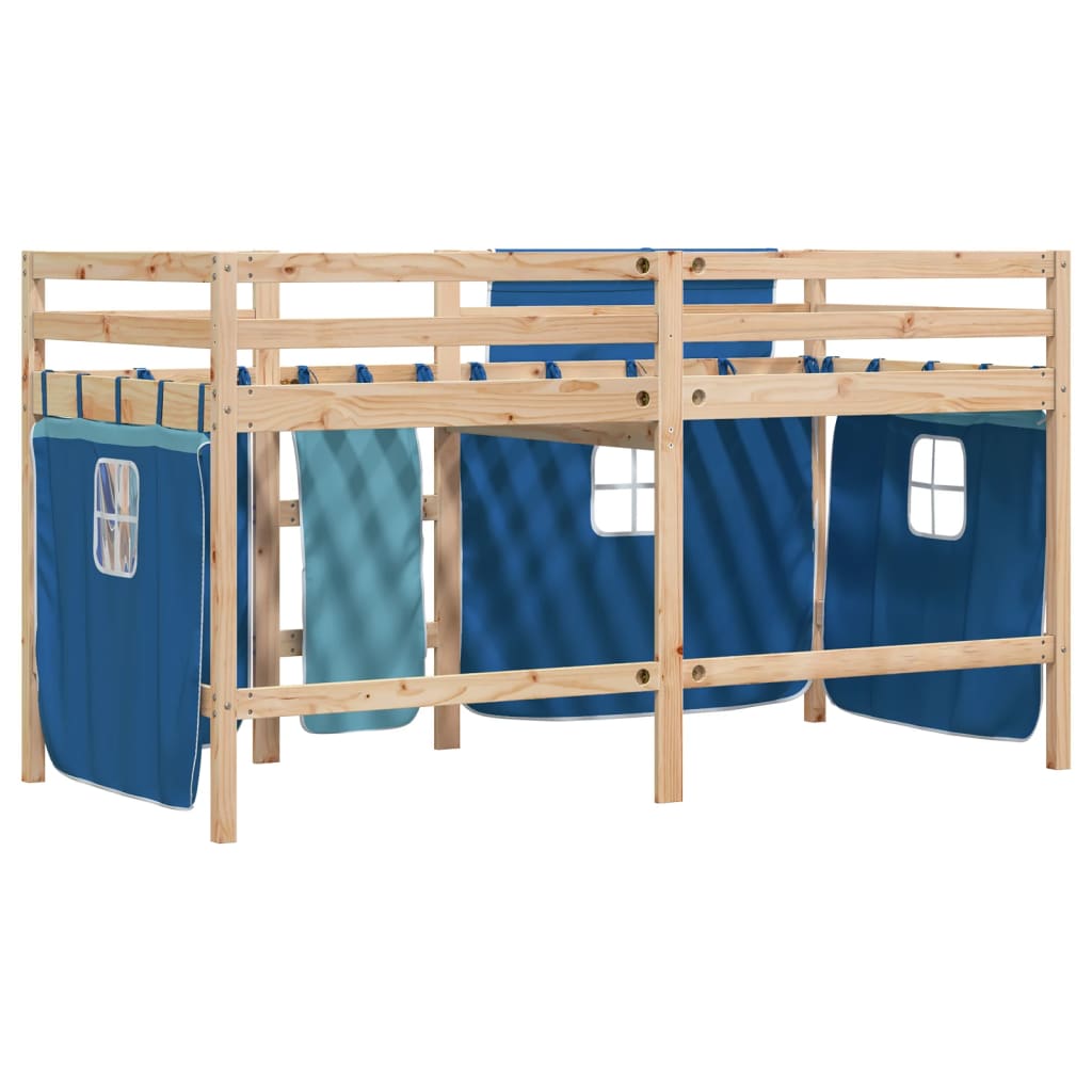 Cama alta p/ criança c/ cortinas 90x190 cm pinho maciço azul