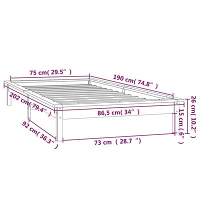 Estrutura cama c/ LED solteiro 75x190 cm madeira maciça preto