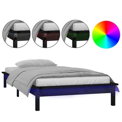 Estrutura cama c/ LED solteiro 75x190 cm madeira maciça preto